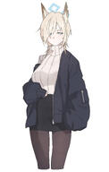 alternate_outfit animal_ears artist:o-ame blonde_hair blue_eyes casual_clothes character:kanna_(blue_archive) dog_ears dog_girl hair_covering_eye halo in-series_category:public_peace_bureau in-series_category:valkyrie_police_school series:blue_archive sharp_teeth sweater // 1460x2300 // 787KB