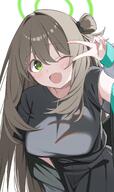 alternate_outfit artist:mizumo_k1 brown_hair character:nonomi_(blue_archive) green_eyes hair_bun halo in-series_category:abydos_high_school in-series_category:foreclosure_task_force long_hair series:blue_archive v // 2100x3541 // 457KB