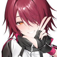 artist:r_oot body_wings character:exusiai_(arknights) flushed_face hair_covering_eye halo in-series_category:laterano in-series_category:sankta red_eyes red_hair series:arknights short_hair v // 2467x2467 // 2.9MB