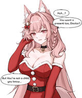 alternate_outfit animal_ears artist:daisy_cutter character:doctor_(arknights) character:pozyomka_(arknights) dress english_text hair_accessories hair_bow hair_braid in-series_category:lupo in-series_category:ursus_(nation-state) long_hair low-cut_dress pink_eyes pink_hair santa_outfit series:arknights wolf_ears wolf_girl // 3000x3600 // 913KB