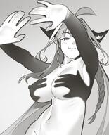 artist:dismassd character:kiryu_coco dragon_girl dragon_horns hair_braid hand_shadow_covering_breasts_(trend) horns in-series_category:generation_4 in-series_category:hololive_japan long_hair meme monochrome pointed_ears puffy_nipples series:hololive // 1162x1440 // 132KB