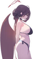 artist:doksyuri beauty_mark black_hair body_wings character:hasumi_(blue_archive) character:hasumi_(swimsuit)_(blue_archive) feathered_wings hair_bun hair_down_the_middle halo in-series_category:justice_task_force in-series_category:trinity_general_school long_hair red_eyes series:blue_archive swimsuit // 1835x2710 // 974KB