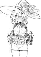 artist:kon_kokine character:eri_(blue_archive) flushed_face full-face_blush hair_braid in-series_category:occult_research_society in-series_category:wild_hunt_academy_of_arts monochrome series:blue_archive skirt_lift witch_hat // 669x926 // 116KB