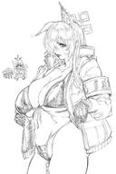 alternate_outfit animal_ears artist:indinu character:kanna_(blue_archive) character:konoka_(blue_archive) character:valkyrie_mob_(blue_archive) chibi dog_ears dog_girl flushed_face hair_covering_eye halo in-series_category:public_peace_bureau in-series_category:valkyrie_police_school long_hair monochrome series:blue_archive sharp_teeth swimsuit // 1264x1893 // 232KB