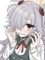 artist:nagomu character:kanoe_(blue_archive) grey_hair hair_covering_eye halo in-series_category:occult_research_society in-series_category:wild_hunt_academy_of_arts long_hair orange_eyes series:blue_archive twin_tails // 1536x2048 // 1.2MB