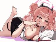 artist:abe-napori character:kirara_(blue_archive) demon_horns flushed_face gyaru hair_bun halo horns in-series_category:gehenna_academy in-series_category:twinkle_twinkle_club long_hair pink_eyes pink_hair series:blue_archive teasing thigh_squish // 360x270 // 163KB