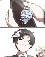 artist:kai_xin blue_hair brown_hair character:arona_(blue_archive) character:nonomi_(blue_archive) character:sensei_(blue_archive) chibi green_eyes hair_bun hair_covering_eye halo in-series_category:abydos_high_school in-series_category:foreclosure_task_force in-series_category:schale in-series_category:shittim_chest long_hair series:blue_archive shadow_over_eyes short_hair v // 1646x2048 // 211KB