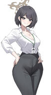 alternate_outfit artist:kopunman black_eyes black_hair character:hiromi_(blue_archive) halo high-waisted_pants in-series_category:dorm_supervisory_unit in-series_category:wild_hunt_academy_of_arts office_lady pants series:blue_archive short_hair // 1370x2546 // 1.6MB