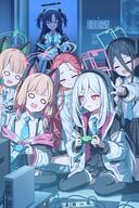 artist:simoumi blonde_hair blue_hair character:aris_(blue_archive) character:key_(blue_archive) character:midori_(blue_archive) character:momoi_(blue_archive) character:yuuka_(blue_archive) character:yuzu_(blue_archive) hair_down_the_middle halo in-series_category:game_development_department in-series_category:millenium_science_school in-series_category:seminar long_hair mechanical_halo pink_eyes pink_hair purple_hair series:blue_archive short_hair twin_tails white_hair // 1770x2646 // 660KB