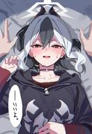 artist:higasikatajunpe beauty_mark black_hair character:kayoko_(blue_archive) demon_horns flushed_face halo horns in-series_category:gehenna_academy in-series_category:problem_solver_68 pov red_eyes series:blue_archive short_hair sweaty two-tone_hair white_hair // 1317x1916 // 253KB