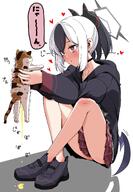 artist:residentsleeper beauty_mark black_hair body_wings character:kayoko_(blue_archive) demon_horns demon_wings halo horns in-series_category:gehenna_academy in-series_category:problem_solver_68 japanese_text pee ponytail red_eyes series:blue_archive short_hair two-tone_hair white_hair // 1414x2048 // 256KB